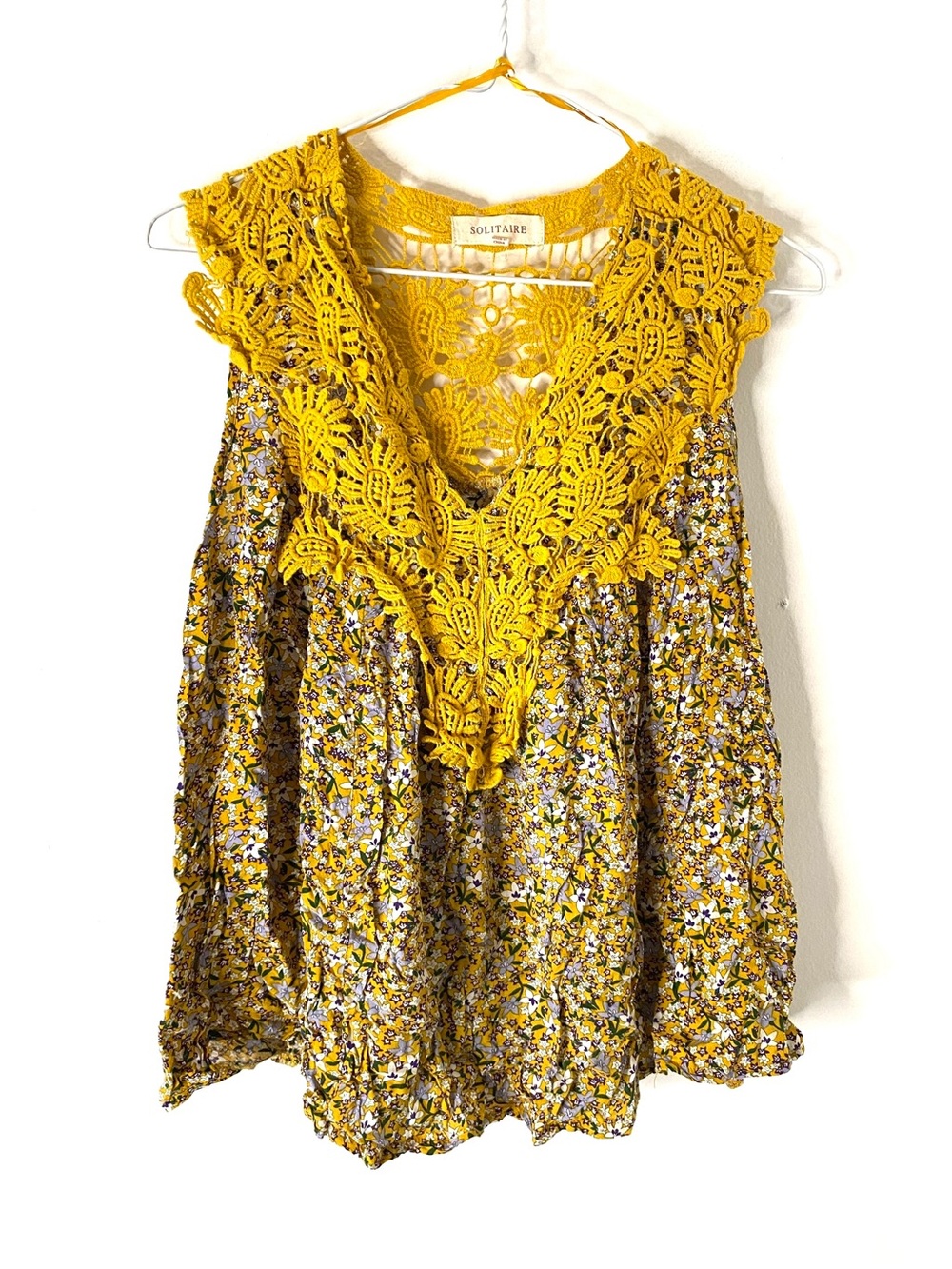 Solitaire Mustard Floral Crochet Lace Boho Sleeveless Blouse